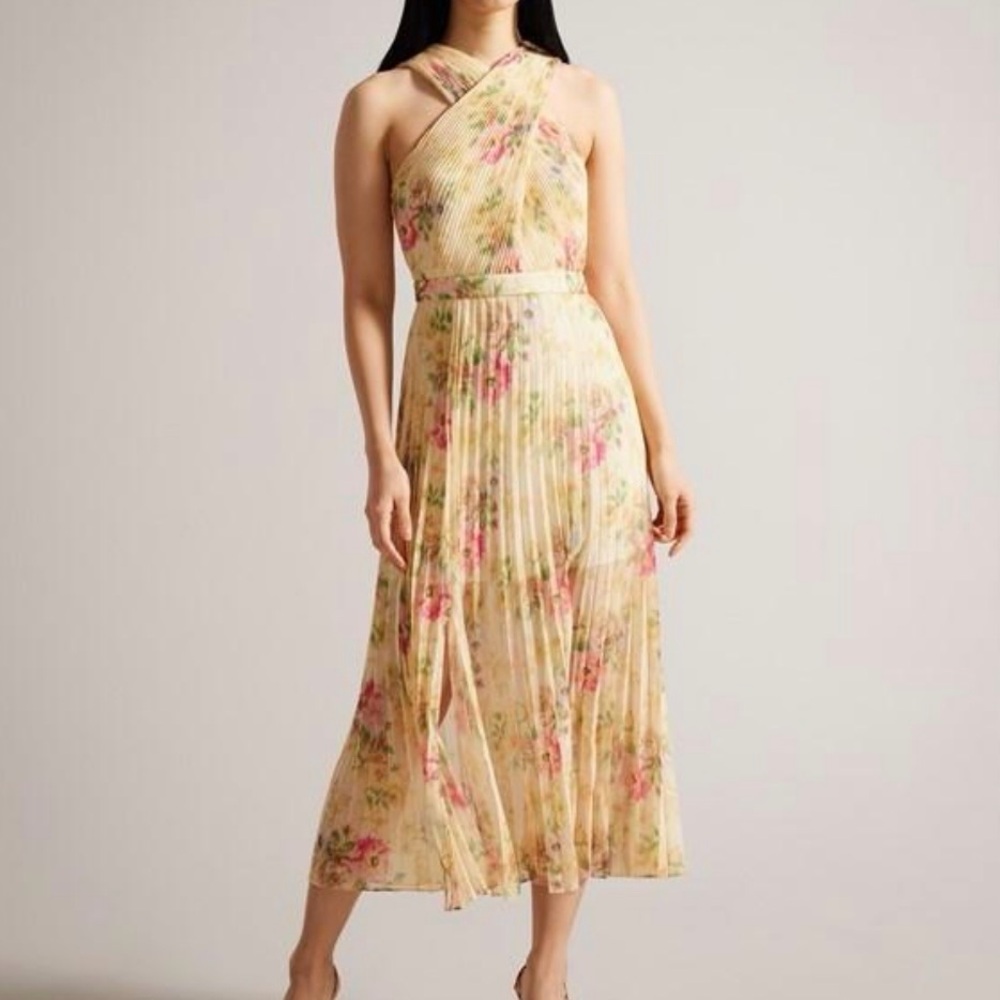 TED BAKER CROSS FRONT FLORAL PLEATED MIDI DRESS